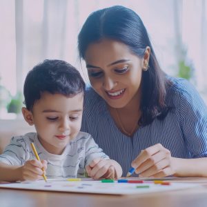 A young boy uses crayons to color while his mother guides him, fostering creativity and enjoying quality time together in a sunny indoor setting.
